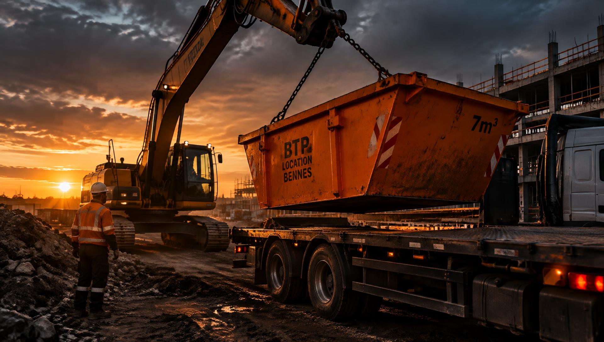 Benne de chantier chargée sur un camion plateau au coucher du soleil