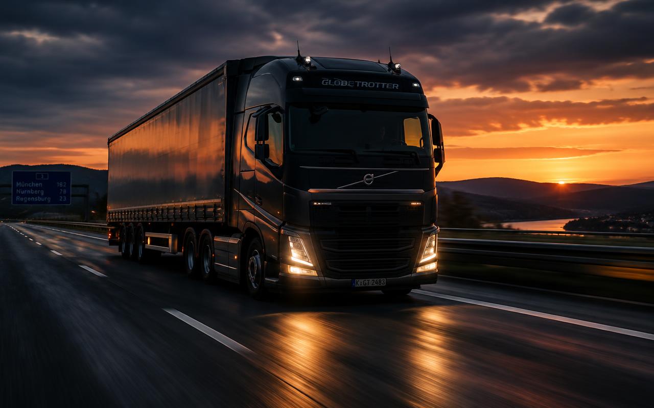 Semi-remorque sur une autoroute européenne au crépuscule